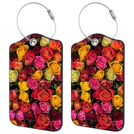 Neidius 2 Pack Luggage Tags,Colorful Roses PU Leather Idea Baggage Tag with ID Labels Privacy Cover Metal Ring Men and Women Travel Bag Labels