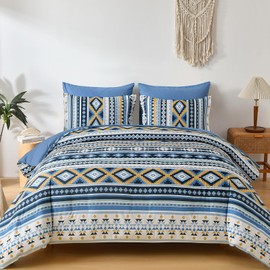 Dinjoy Boho Comforter Set Queen Size,7 Pieces Bed in a Bag Queen Navy Blue Bedding Sets with Sheets Soft Bohemian Comforters Aztec Striped Complete Set for Summer 90"x90"