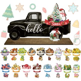 Yalikop 56 Pcs Interchangeable Seasonal Sign Interchangeable Hello Sign for Table Seasonal Decor Decorative Wooden Holiday Sign Farmhouse Black Truck Decor for Home Decoration Kitchen Centerpieces
