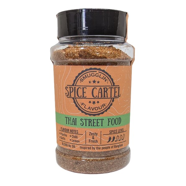 Spice Cartel's Thai Street Food. Artisanal Thai Spice Blend Inspired by Bangkok's Food Scene. Bring Your Meal to Life with a Thai Twist. 240g Shaker. Hand Made with Love in The UK.