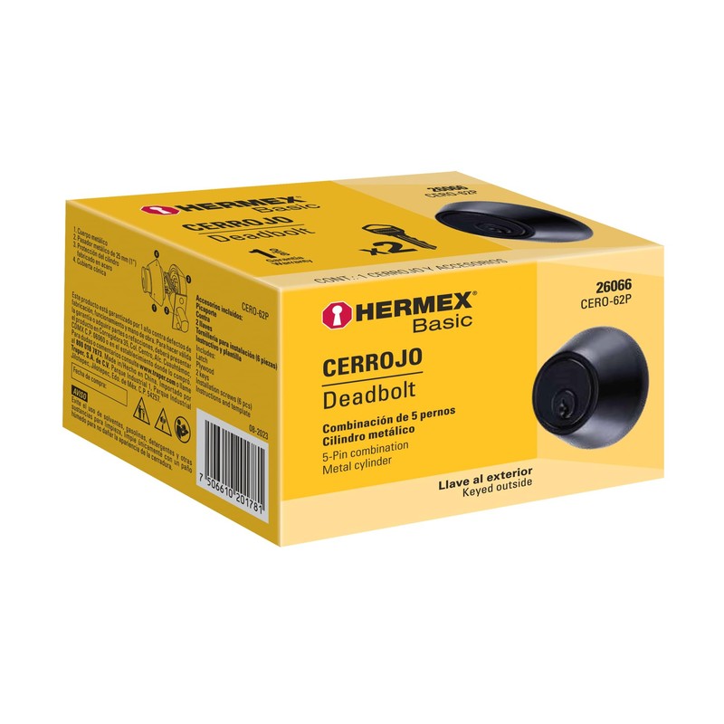 Hermex CERO-62P, Cerrojo llave-llave color negro con llave tradicional
