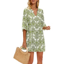 FENSACE Babydoll Dress for Women Vacation Beach Boho Mini Dress Green Floral Hawaiian Resort Sundress with Pockets