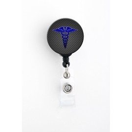 Carbon Fiber Caduceus - Masculine Retractable Badge Reel with Swivel Clip and Extra-Long 34 inch Cord - Badge Holder