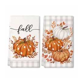 Sgehenr 2Pcs Autumn Decorations Tea Towel,40 * 60CM Fall Decor Eukalyptus Leaves Pumpkins Autumn Decor Kitchen Towels Dish Towel Multi-Purpose Fall Decoration Hand Towels for Kitchen Bar