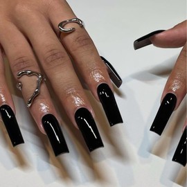 VOTACOS Black Press on Nails Long Square Fake Nails Solid Color Full Cover False Nails Glossy Stick on Acrylic Nails for Women