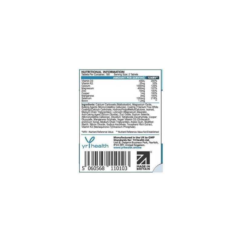 Calcium Magnesium Zinc Vitamin D3 and K2 Vegan 180 Tablets