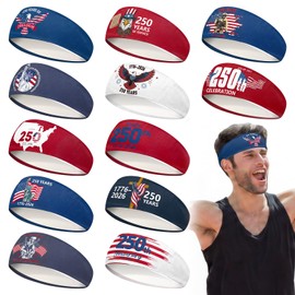 Jecery 24 Pcs 250th Anniversary Headband Bulk USA 4th of July Patriotic Sweatband 250 Anniversary Merchandise 1776-2026 Red White and Blue Independence Day Party Favor for Men Sport Running Team Gift