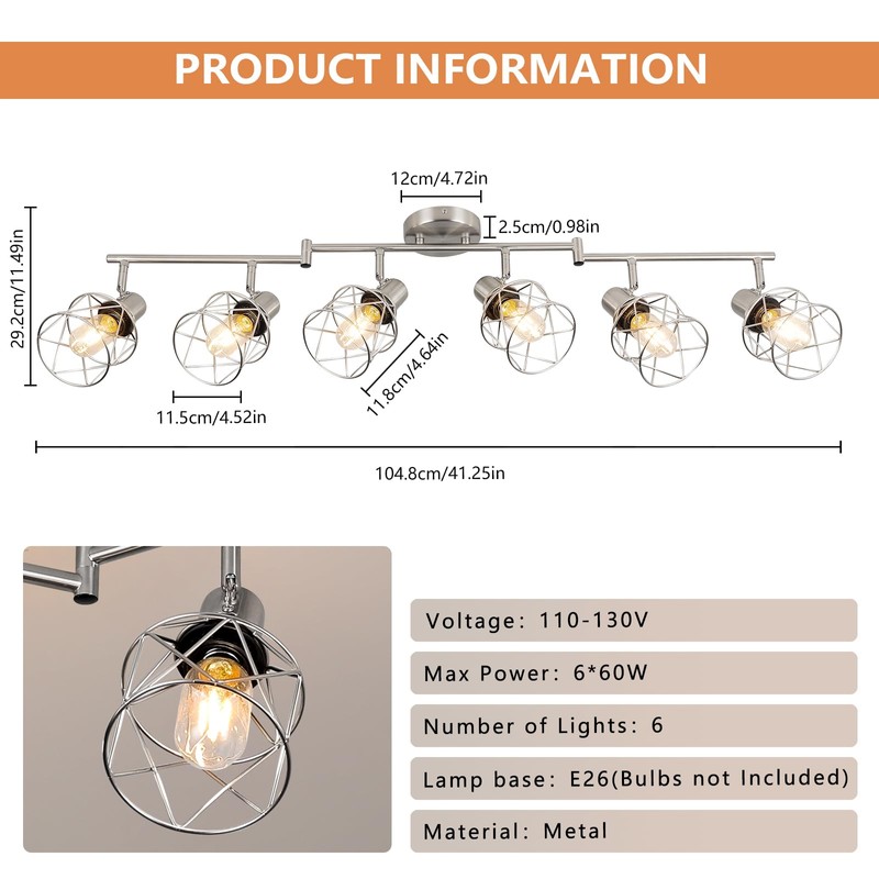 WILON Track Lighting Fixtures, 6-Light Brushed Nickel Flush Mount Track