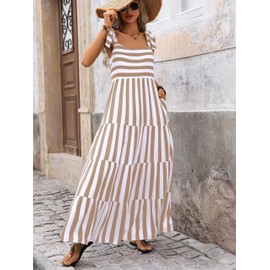 PRETTYGARDEN Womens Dresses 2025 Summer Striped Sleeveless Maxi Dress Casual Spaghetti Strap Tiered Flowy Beach Long Dress(Striped Khaki,Medium)