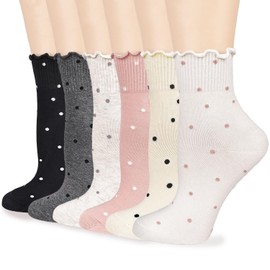 Mcool Mary Women's Ruffle Socks,Casual Ankle Breathable Knit Cotton Cute Polka Dot Crew Frilly Sock 6 Pack