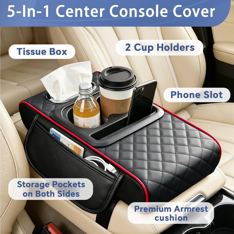 5-in-1 Center Console Cover Organizer Car Cup Holder Tissue Holder