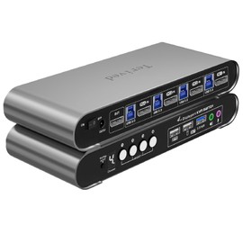 Terived 4 Computers and 1 Monitor DP USB 3.0 KVM Switch 4K@144Hz with Hotkey Switching and Audio Port, Digital Display Aluminum Body Cables inclued