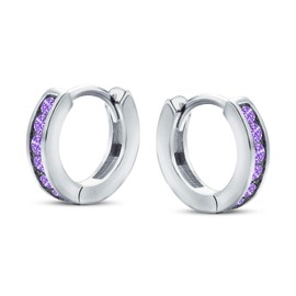 Purple Cubic Zirconia CZ Channel Set Small Huggie Hoop Earrings For Women Simulated Amethyst .925 Sterling Silver
