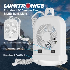 Lumitronics RV - Luz interior LED portátil de 12 V y ventilador personal de 2 velocidades, motor silencioso, luz de lectura con cable extensible de 8 pies, interruptor de encendido/apagado, soportes de montaje incluidos