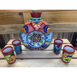 Pueblo Viejo Ceramics Ceramic Talavera 5 Piece Liquor Tequila Drink Set Decanter Shot Glasses Barware