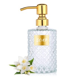 MOCLIF 12OZ Diamond Glass Dispenser with Gold 304 Stainless Steel Bathroom Dispenser for Kitchen,Hand Soap,Dish Soap,Shower,Lotion and other Liquids(Clear)