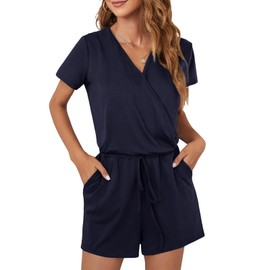 CLOUSPO Summer Jumpsuit Women's Elegant Playsuit Casual Jumpsuit Short Sleeve Romper Adjustable Elastic Waist Plain with Pockets, Blue-A, M