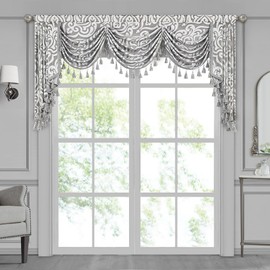 Loom and Mill Contemporary Jacquard Waterfall Valance for Living Room Bedroom, Modern Damask Swag Window Valances with Tassels, Luxury Swag Curtains for Banquet Holiday Decoration(W79Inch,1 Panel)