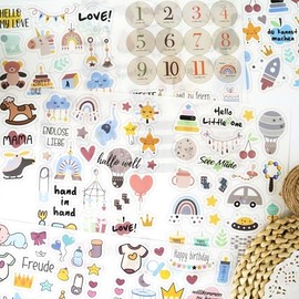 4 Sheets Baby Boy Scrapbook Stickers - Newborn Journal Stickers for Memory Book, Baby Shower, Milestone, Planner - Cute Pastel Decals with Animals, Toys, Balloons & Lettering