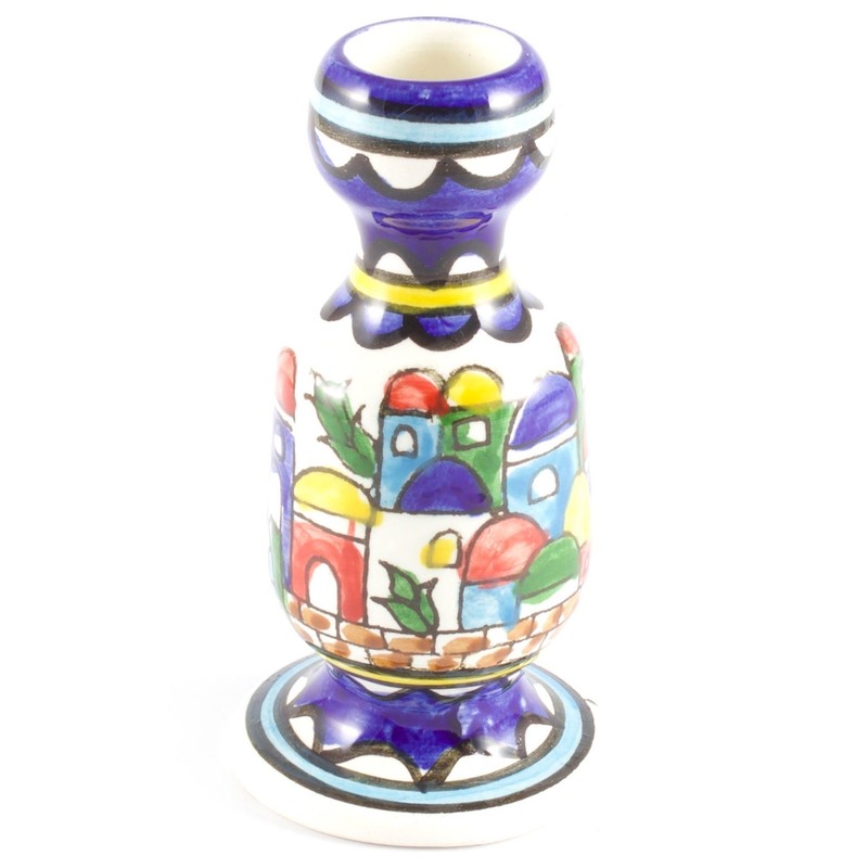 Armenian Ceramic Shabbat Candlesticks with Tray, Old City Scene