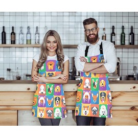 Moslion Various Breed Family Pet Dog Collection Picture Apron, Adjustable Neck Bib Apron for Men Women,Suitable for Kitchen Cooking Waitress Chef Apron