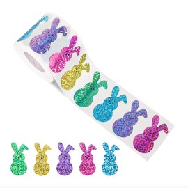 Oeyliz Easter Stickers Roll Bunny Stickers 500 PCS Sparkly Colorful Rabbit Pattern Decals Gift Decorations to Decor Easter Basket Eggs and Envelope Cards Boxes Holiday Party Supplies