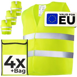 High Vis Vests - Yellow Set of 4 with Bag - Hi Vis Vests Tested EN ISO 20471 - High Vis Jackets Valid throughout Europe - Ideal for Car, Construction - Universal Size