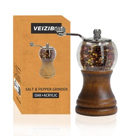 VEIZIBEE Pepper Mill, Classical Roast Black Manual Pepper Grinder Set, Hand Shake Salt Mill, Retro Style Wood， Acrylic，Ceramic Blades，Metal Handle, Enjoy Fresh Pepper （Walnut color 1pcs-5in）