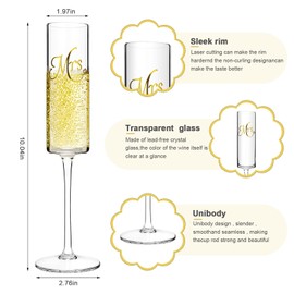 Mr and Mrs Champagne Flutes with Long Stem,Bride Groom Toasting Glass,Elegant 7oz Square Wine Glasses Set of 2, Bridal Shower Unique Gift for Wedding, Anniversary, Engagement Gifts Couples