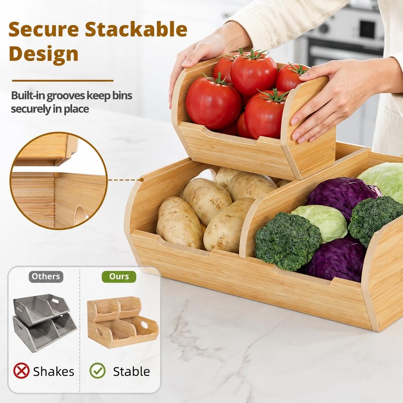 Poerlve Potato and Onion Storage Bin – 3 Pack Bamboo