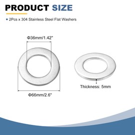 sourcing map 2Pcs M36 304 Stainless Steel Flat Washers Plain Washer 36mm ID 66mm OD 5mm Thick Flat Spacers for Screws Bolts Garden Faucet Plumbing Repair, Silver