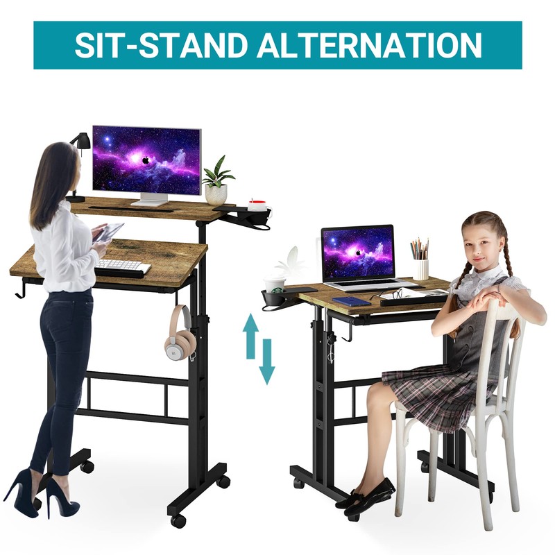 Klvied Rolling Mobile Desk with Cup Holder, Portable, Adjustable Height