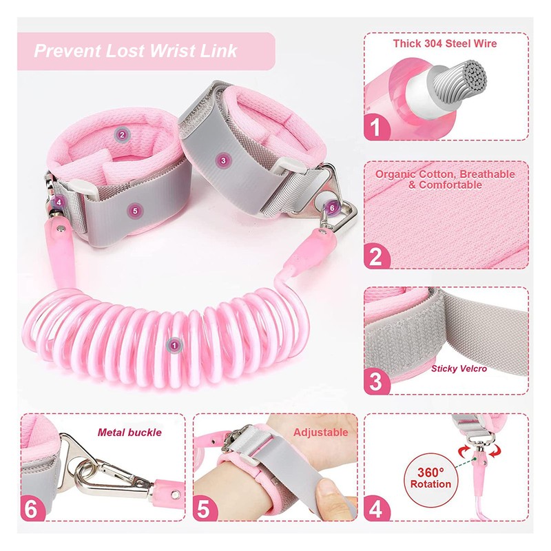 Toddler Harness Leashes with Retractable Wrist Link Pink 1.5M Rope