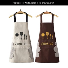 DILLMAN Women Kitchen Apron with Hand Wipe Pockets，Big Pocket,Hand-wiping, Waterproof for Cooking Baking, Brown + White, Large