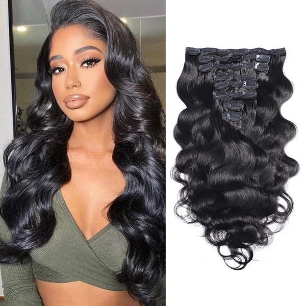 Body Wave Clip In Human Hair Extension 100% Virgin Brazilian Hair Clip in on Human Hairpiece Natural Black Body Wavy Hair Clip Ins Extension (10 Inch)