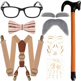 WGOCAUK 7 PCS Old Man Costume Grandpa Accessories Include Glasses Suspenders Bow Tie Cane Mustache Tattoo Sticker (Type C)
