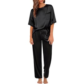 SWOMOG Womens 2 Piece Satin Pajamas Silk Short Sleeve Pjs Sets Capri Bottom Pajama Pants Loose Outfit with Pockets Dull Black X-Large