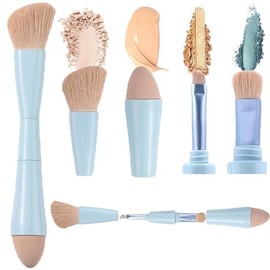 Viaje rochas para maquillaje, Brochas de Viaje, 4 en 1 Juego de brochas de maquillaje, brocha para base de doble punta para base, corrector, cejas, sombra de ojo, con 2 esponjas cosméticas (Azul)