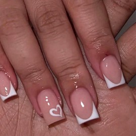 Yamobi Pack of 24 Short Square Press On Nails, French White False Nails with Heart Design, Artificial Nails for Sticking, False Nail Tips, Fake Nails