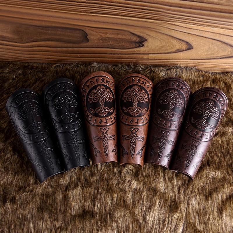 HOEACXY Leather Bracers for Men Viking Embossed Tree Bracers Medieval