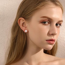 DPUY 14K Real Gold Pearl Earrings for Women with CZ Diamond 8mm Freshwater Cultured Pearls Stud Earrings Anniversary Jewelry Birthday Chrsitmas Gifts for Her Mom Mother Wife Sister