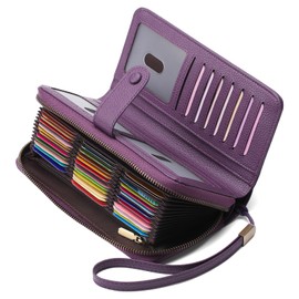 GAEKEAO Leather Credit Card Holder Wallet for Women RFID Blocking Large Capacity Bifold Zipper Card Case Organizer with Wristlet 45 Slots