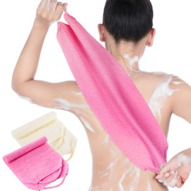 Back Scrubber for Shower Exfoliating Washcloth Back Cloth Body Extended Length Scrubber Towel Nylon Exfoliating Stretchable Pull Strap Wash Cloth for Bath Body Scrub Washcloth 2 Pack (Pink,White)