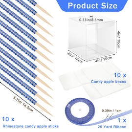 Anglekai 10+10 Candy Apple Boxes with Hole and Sticks, 10Pcs Bling Rhinestone Candy Apple Sticks/ 10Pcs Boxes with Hole/ 25 Yard Ribbon (Royal Blue)