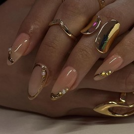 Press On Nails, Gold Foil Glitter Designed in Glue on Nails, Golden Line Fake Nails, Short Square Almond Ballet Shape for Stick On Nails on 24PCS (Gold Foil Pearl)