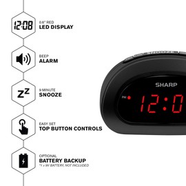 Sharp Small, Space-Saving Digital Alarm Clock – Compact Bedside Clock with Large Red LED Display, Easy Top Button Controls, Snooze, and Battery Backup – Perfect for Bedroom, Dorm, or Travel