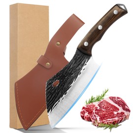 SSGP Cuchillo Vikingo Martillado 6.1Pulgada,Cuchillo Carnicero Forjado A Mano Con Vaina,Cuchillos Chef De Cocina,Acero De Alto Carbono,Aplicar Para El Hogar,Camping,Barbacoa,Restaurante,Cortar Carne