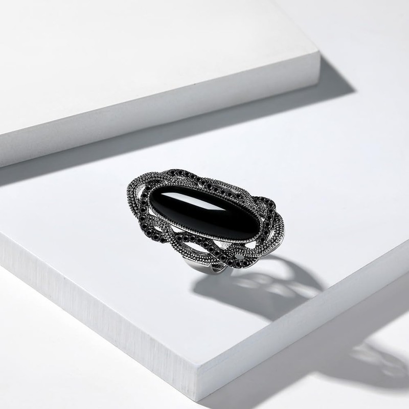 Rhodium Plated Large Black Stone Statement Rings for Women Size