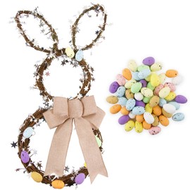 Easter Bunny Vine Wreath with Bow & 50 Pieces 3 x 1.8 cm Foam Easter Eggs & Star Tinsel Glitter Foil Garland Easter Ornaments for Crafts Decoration for Easter Party Spring Window Door Wall Fireplace