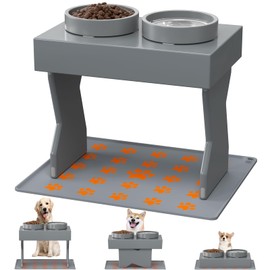 Ceramic Dog Bowls Elevated with Silicone Mat for Medium Dogs 3 Height Adjustable Dog Raised Bowl Stand Wooden Puppy Bowl of All Ages (1.5L/50oz*2) Grey